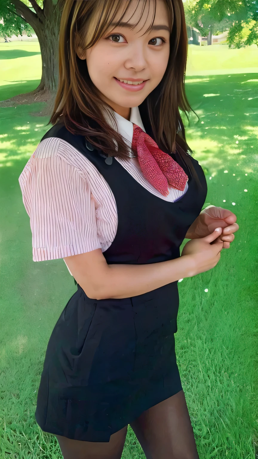 Highest quality、8k、masterpiece、Ultra-high resolution、Clear photos、Professional Lighting、Natural light、Realistic,、Highly detailed skin、Perfect Anatomy、(Beautiful Hands)、(Beautiful fingers)、Two Women、Age 25、Baby Face:1.8、Large Breasts、(Large areola)、Glamour、Bob Hair、Brown Hair、Beautiful Hair、smile、Star Uniform、Black vest、Short sleeve shirt、Black tight mini skirt、((Perfect Pantyhose:1.2))、((Black Pantyhose:1.1))、At the golf course、Standing on the grass、Attractive pose、((Two Womenが抱き合っている))