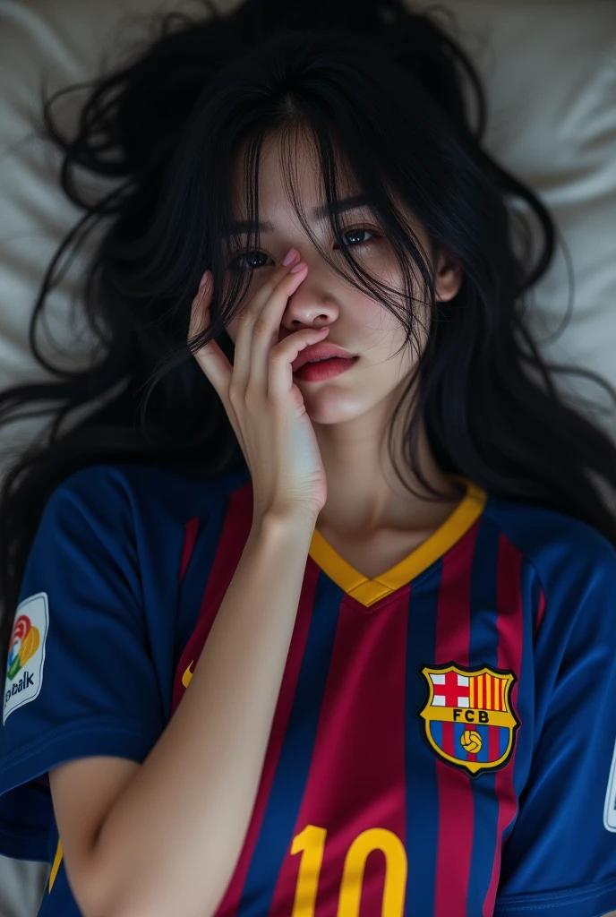 Black-haired Asian girl lying on a bed looking in front of the camera, wearing a Barcelona soccer team shirt, with Messi's number 10, black hair, she covering her face with her hand, pale, and long hair, showing the shirt