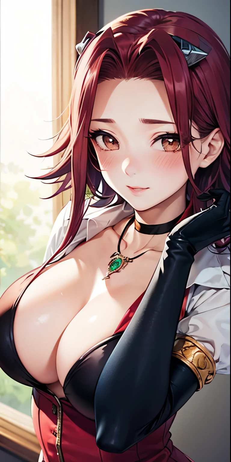 1 Female,High definition,high resolution,Ultra-realistic,8K, aki1, izayoi aki, solo, gloves, elbow gloves, breasts, jewelry, cleavage, choker, necklace, black gloves, large breasts,European,sexy,Upper body close-up,Photographed from the front,Dynamic Angles,(blush:1.2), medium tits, happy, wink the eye,facial