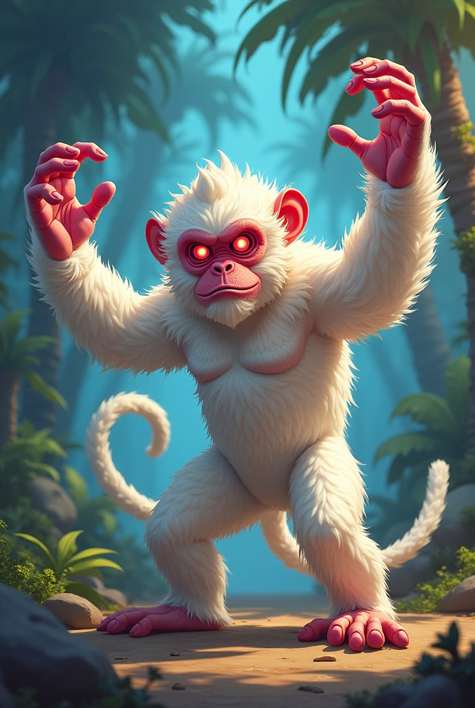 Make an adult monkey with white fur, curly white hair, red eyes and the power to stretch., in 2d animation style