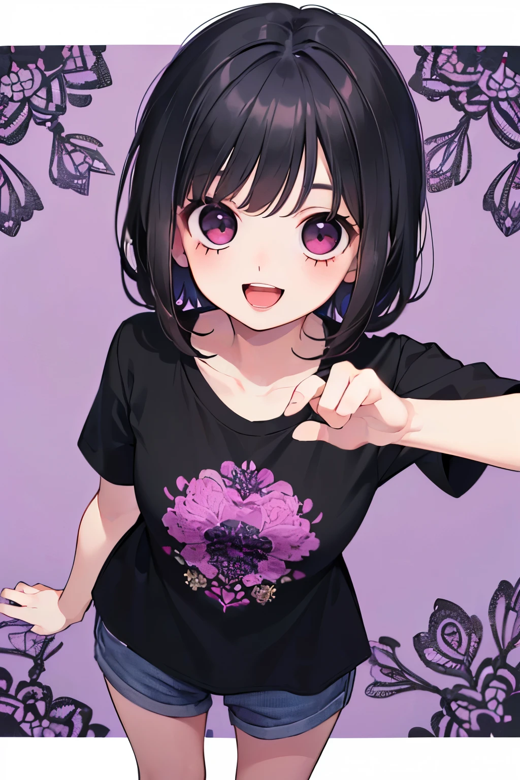 (beautiful young boy:1.3),(Small breasts 1.0),((black hair:1.2)),(Medium wave hair:1.1),(purplered eyes:1.2),(PRİNCESS:1.1),(short sleeve lace blouse:1.2),(Clothes with botanical patterns:1.25),(A big smile with an open mouth:1.35),(apparel shop,cloth shop:1.25),(Top view:1.1),(Close-up of face:1.0),(Fight pose:1.0).