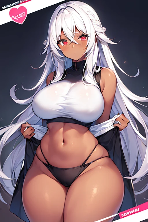 1girl, dark skin, black skin, dark-skinned female, white hair, long hair, large breasts, wide hips, thick thighs, shirt, sportswear, shy, sports bra, hourglass figure, mature female, skin tight, tight clothes, text, number, ((card_\(medium\) ))