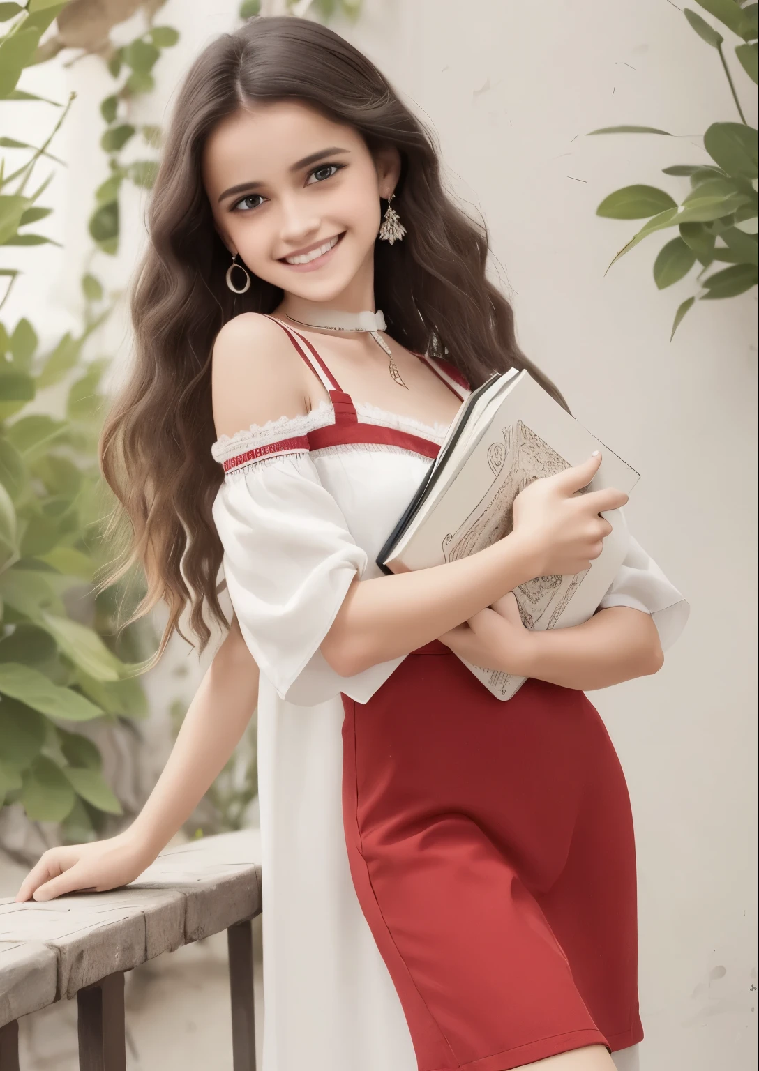 Portrait of a woman in a white dress, holding a book with delicate hands, expressing beauty and strength. Detailed portrait of an indigenous woman in cartoon style, with beautiful eyes, quick brushstrokes and vibrant colors. Cute, Beautiful,. Masterpiece, with red and white fur. Italian girl posing, detailed face, dark hair, athletic body, wearing red flannel and jeans. Soft hair, happy smile, cute Italian.