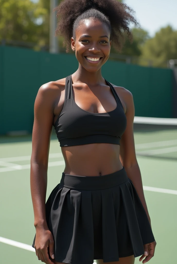 Black women、smile、Big Breasts、Sexy body、Black Sports Bra、Black pleated skirt、Tennis Player、Inside the tennis court