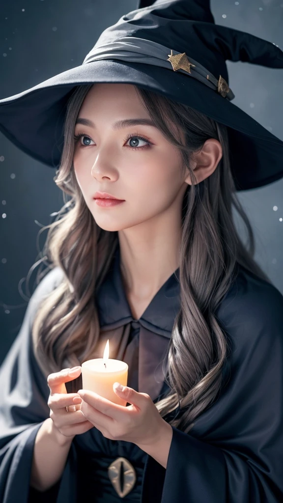 An old witch、Long wavy grey hair、With a candle、There are wrinkles on the face、Wearing a navy blue cape and hat、The background is a starry sky and the moon