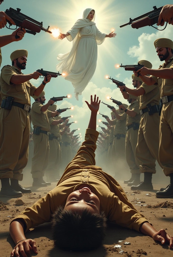 a muslim boy dressed with punjabi and topi. a gang of police is standing near and firing bullets at the boy. he is almost dead. he is lying on the ground and screaming and extending his right hand as if he is seeing something on the sky. above the sky, from heaven a bengali mother is screaming and extending a hand towards that boy.