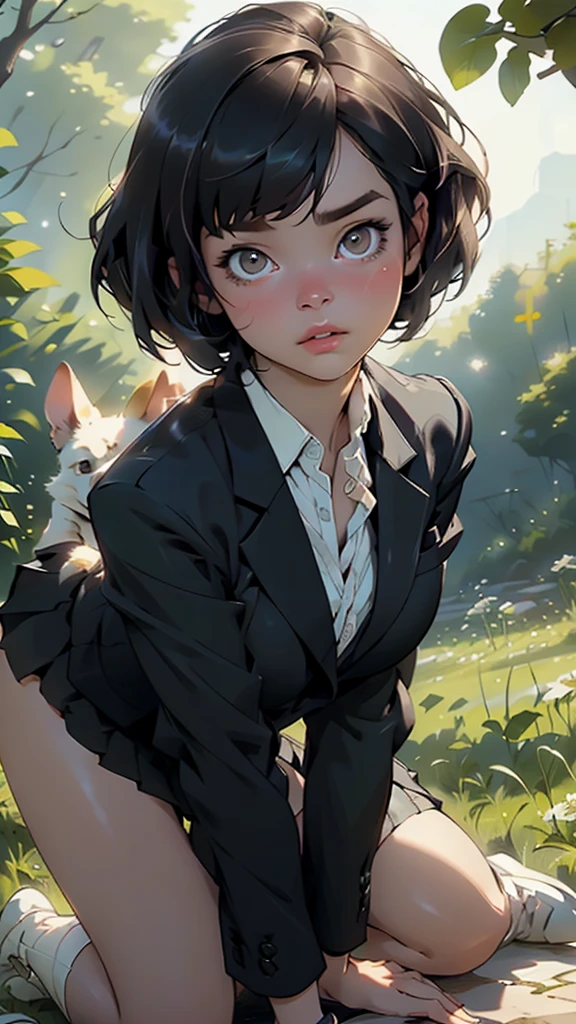 (masterpiece:1.2, top-quality), (realistic, photorealistic:1.4), beautiful illustration, (natural side lighting, movie lighting), looking at viewer, cowboy shot, front view, 1 girl, japanese, high school girl, perfect face, cute and symmetrical face, shiny skin, (short hair:1.2, bob cut:1.2, brown hair), swept bangs, dark brown eyes, long eye lasher, (large breasts:0.6, seductive thighs), beautiful hair, beautiful face, beautiful detailed eyes, beautiful clavicle, beautiful body, beautiful chest, beautiful thigh, beautiful legs, beautiful fingers, (((black blazer, close blazer), long sleeve white collared shirts, black pleated skirt, black socks)), (beautiful scenery), A girl is on all fours in the grass in the meadow. She is carrying a large dog on her back and mating with it. Her face is bright red and flushed, her brow is furrowed, and she looks like she is about to cry. The skirt is very short.
