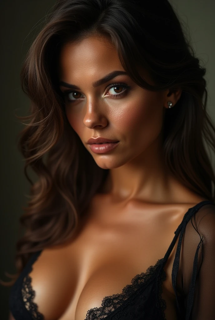 8K, Best Quality, Masterpiece, Ultra High Resolution, (Realism: 1.4), Original Photo, (Realistic Skin Texture: 1.3), (Film Grain: 1.3), (Selfie Angle), 1 brunette european woman, Beautiful Eyes and Face Details, Masterpiece, Best Quality, Close-up, whole body, Looking at the Viewer, black lingerie, porngirl 