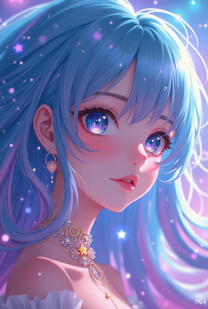 Close-up of a woman with Colorful hair and necklace, Anime girl with cosmic long hair, Rossdraws Soft Vitality, Gouviz-style artwork, Fantasy art style, Colorful], Vibrant fantasy style, Rossdraws Vibrant cartoons, cosmic and Colorful, Guvitz, Colorful digital fantasy art, Stunning art style, Beautiful anime style, Shiny hair