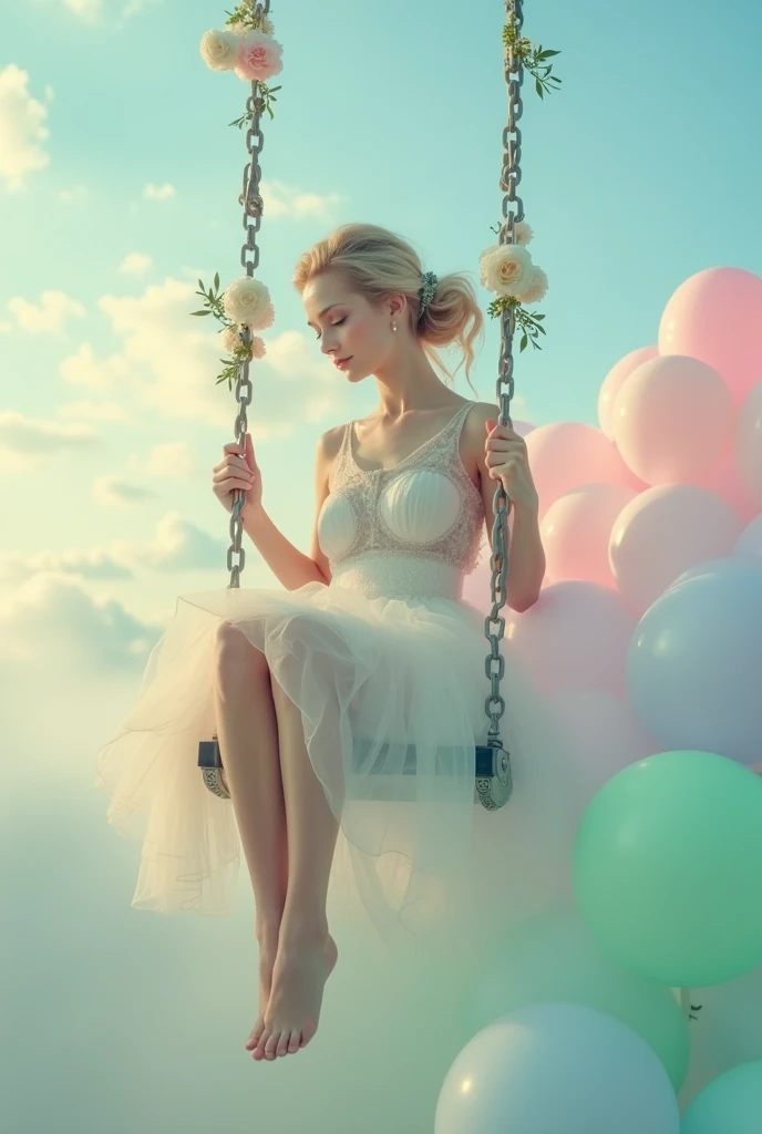 a woman sitting on a swing surrounded by balloons, a colorized photo, magical realism, feminine in pastel shades, floating in mist, glamorous composition, riding in the sky