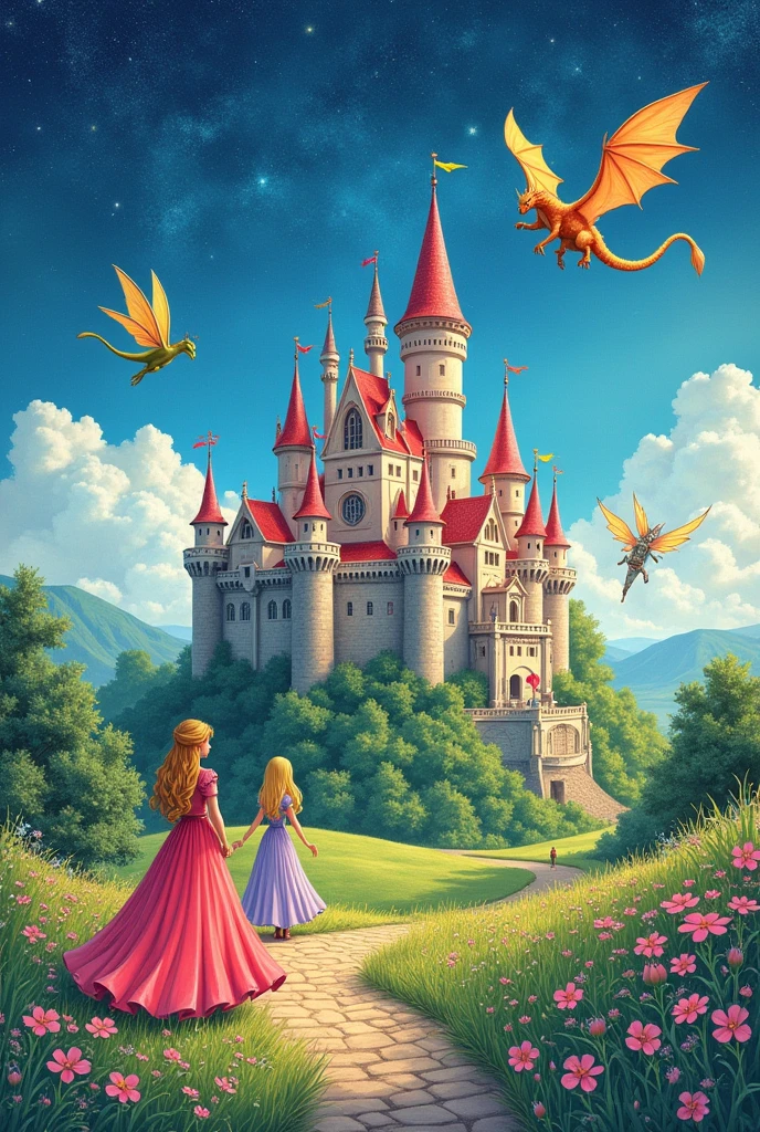 Classic fairy tale scenes in line art, including castles, princesses, dragons, fairies, and knights. The illustrations should capture the magic and wonder of stories like 'Cinderella,' 'Beauty and the Beast,' and 'Jack and the Beanstalk