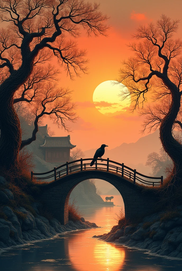 masterpiece, high quality, high resolution,8K, Chinese painting ,, Withered vines, age ((Trees)), dusk ((crow)) Cry,, ((A small bridge)), flowing water, (((Humble residence))), (a horse:1.6),, A cold wind blows from the west ((An ancient road)),, Sunset, I am heartbroken,,