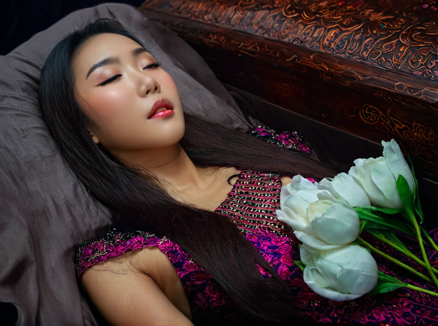 In a striking 8K HDR scene, a stunning Korean woman, 22 years old, lies peacefully in a coffin and coffin cover surrounded by plush pillows behind head. The deep box is set against a rich black background, accentuating the beauty of the subject. Her exquisite deep-V neckline kebaya attire is embroidered with superb detail, showcasing her round and firm breasts, perfect cleavage, and beautiful eyebrows. Her closed eyes and mouth give an air of serenity, while her visible and absolute cleavage leave nothing to imagination. The scene is bathed in saturated colors, highlighting every intricate aspect from the ball skirt to her clean face, straight body, detailed hand perfect hands, straight body, own hands together, own hand on stomach, detailed hands, perfect hands, holding the flowers, wearing high heels