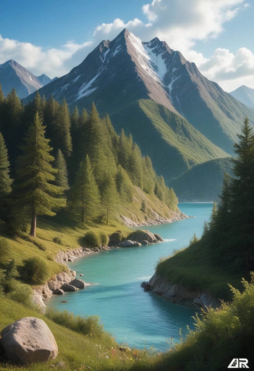 impressive painting of a mountain with trees and water, a detailed painting by Petros Afshar, shutterstock contest winner, environmental art, detailed painting, outlined art, 2d game art, isolated background for logo, strong contours, logo design
