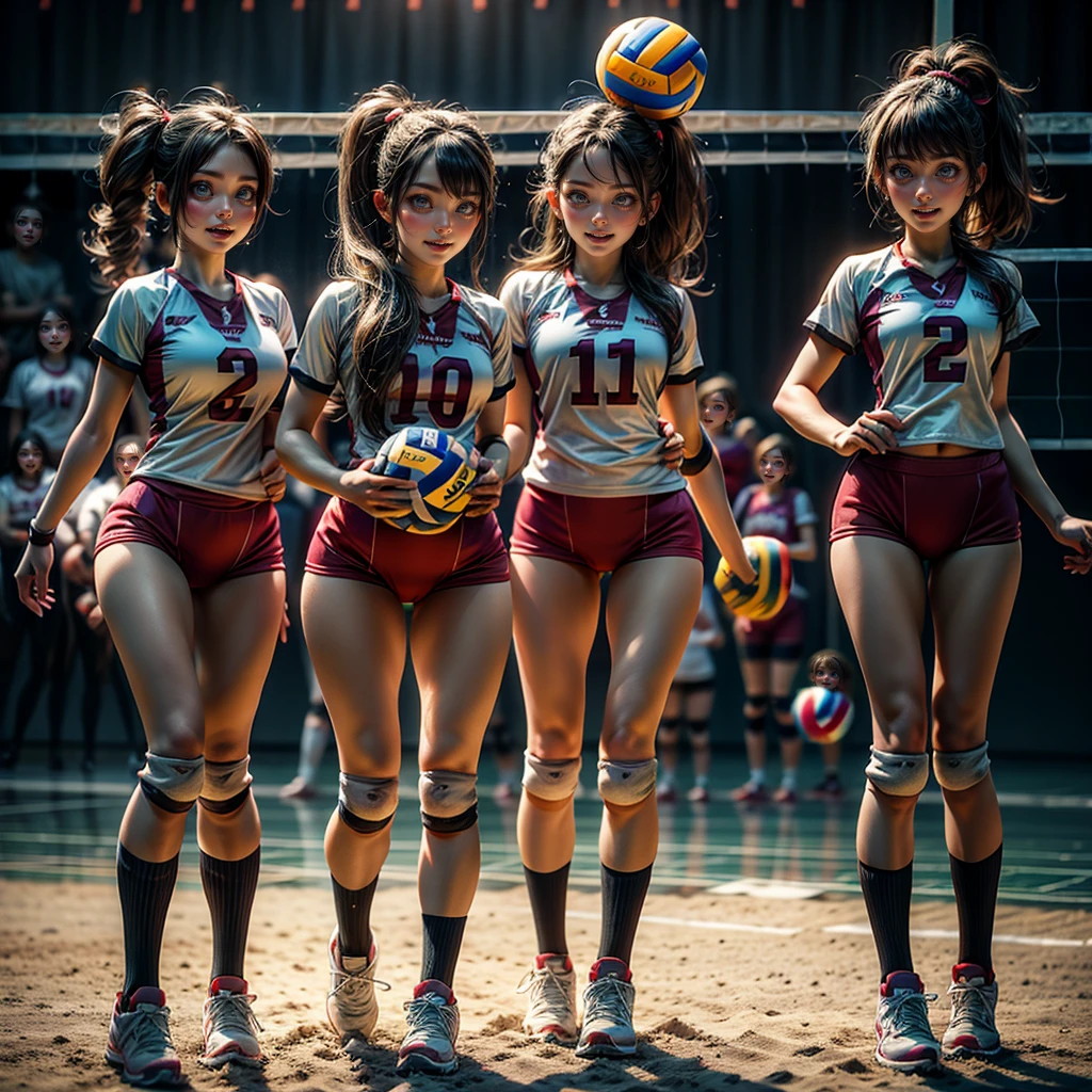 ExtremelyDetailed (((Volleyball Team Kawaii Kids in a row:1.4))), Childish perfect face, Reflective Eyes, Detailed(Delicate Clothing textures), Corrected Leg to Foot Line, Corrected Perfect Hand, Dynamic Joyful Expressions LifeLike Rendering, ((Specular Reflection:1.28)), TopQuality 8K Ultra-detailed masterpiece (ProfessionalPhoto:1.37)(Acutance:0.8),(Luminism:1.22), {Assfocus|(Exposed Navel)}