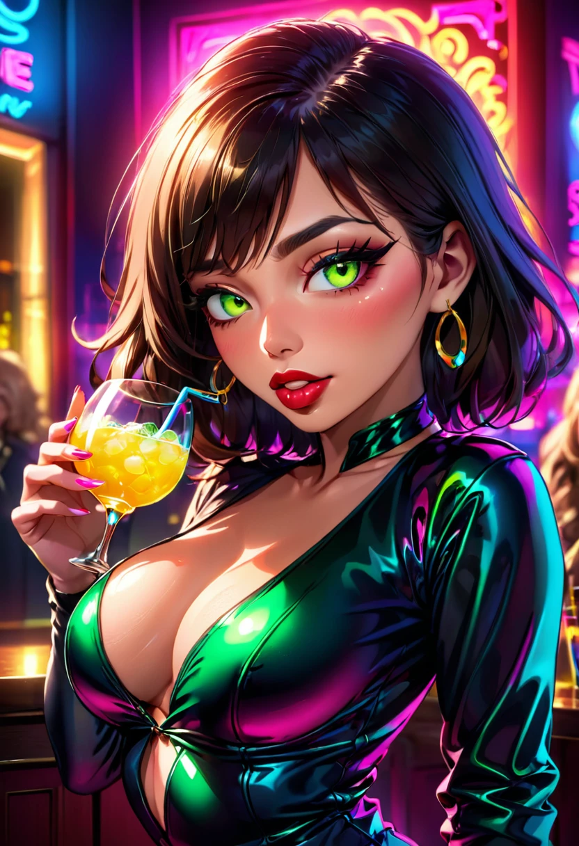1 woman, aunt cass, detailed face, beautiful detailed eyes, beautiful detailed lips, extremely detailed face and features, long lashes, black outfit, panties exposed, drinking cocktail, club setting, dancing, grinding on other women, horny poses, provocative, sensual, dramatic lighting, neon colors, vibrant, cinematic, hyper detailed, photorealistic, 8k, best quality