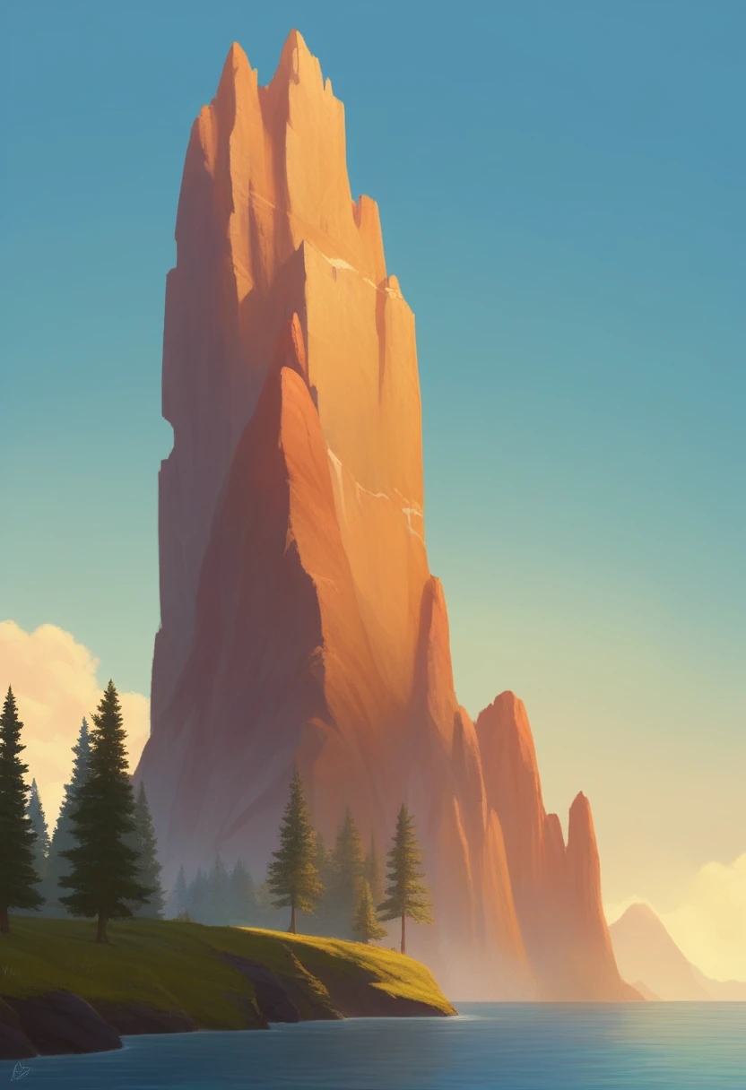 impressive painting of a mountain with trees and water, a detailed painting by Petros Afshar, shutterstock contest winner, environmental art, detailed painting, outlined art, 2d game art, isolated background for logo, strong contours, logo design