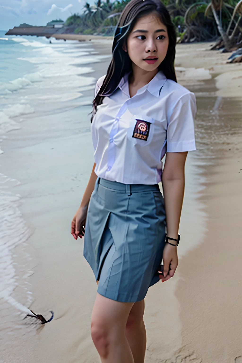 (((Ultra-HD-quality-details))) , 1girl, cewe-sma, from fitting, white shirt, gray skirt, beach