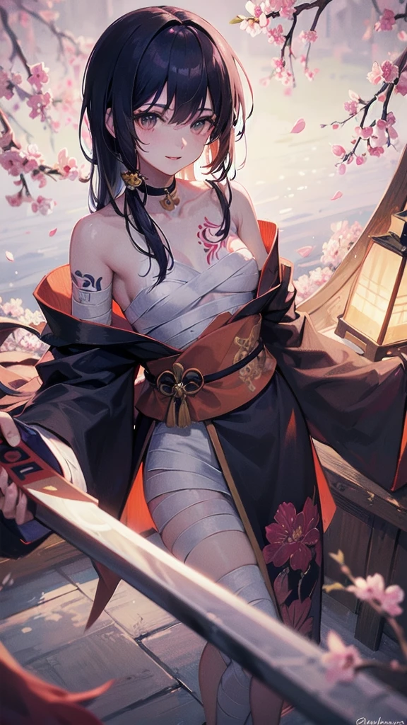 (((((roll up bandage sideways on a chest tightly to cover the chest without gaps))))), (((bandage samweways))),, ((Japanese Gangster BOSS)), adult woman with the dignified presence, Killing Qi, wear nothing around shoulder, wear nothing around neck, wear the kimono, wear it below the waist, (I wind it up to control it, and to attach it), ((kimono come off)) ,wear the kimono multiple times, Bare shoulders and the clavicle, black and gold kimono, put on over jacket of kimono, (holding a japanese sword which shine in purple, The handle of the sword is black, and the blade is gray, long sword), eye fire, low angle, whole body, anime character, Glaring, off sholder, nappropriate smile, Excellent, black blue hair, can see both shoulder, ((long kimono hem)), small face, ((some cherry blossam big tattoo on the arm)), ((background Japanese gate with circlr mark)),muscular,drink sake,fullmoon in the sky, The kimono is spreading,(((ultra-detailed))),super beautiful,Masterpiece,Killing Qi,Intimidation,zoom up, a person,Selfish person,in japanese veranda