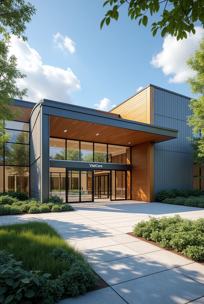 create the image of a small pharmaceutical company with the name VitalCare by VMA Corporation, the entrance should be inviting and appear accessible.