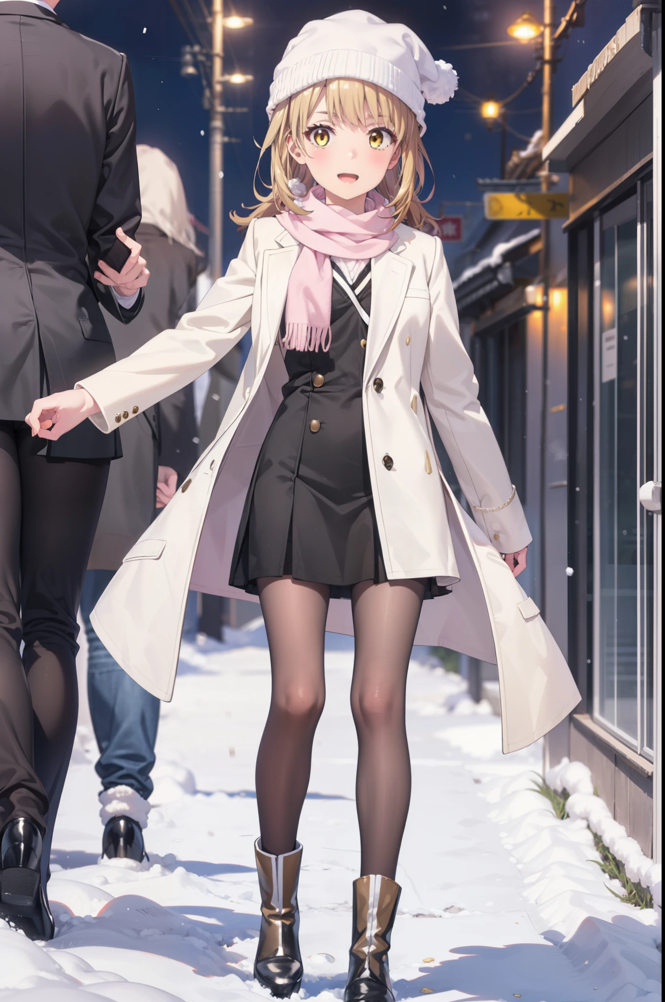 Irohaisshiki, isshiki iroha, Long Hair, Brown Hair, (Brown eyes:1.5), smile,Open your mouth,White Breath,low twin tail,Knitted hat,White scarf,Yellow long coat Open front,Pink v-neck sweater,Short denim,Black pantyhose,short boots,Walking,snowが降っている,snowが積もっている,moon,night,snow,snow,snow,snow,whole bodyがイラストに入るように, break outdoors, Building district,
break looking at viewer,whole body,
break (masterpiece:1.2), Highest quality, High resolution, unity 8k wallpaper, (figure:0.8), (Beautiful attention to detail:1.6), Highly detailed face, Perfect lighting, Highly detailed CG, (Perfect hands, Perfect Anatomy),
