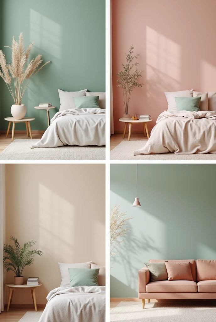 generate 4 photos of a small apartment inside in pastel colors