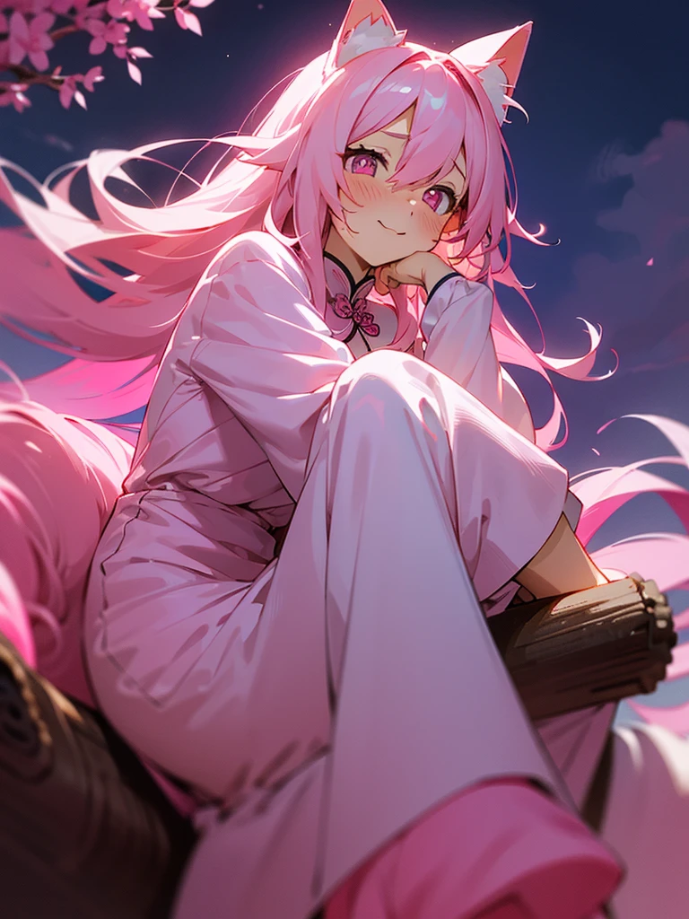 Pink cat ears, Pink cat tail, messy hair, long hair, pink hair, white and pink clothes, pink eyes, slight blush, happy face, sitting on a tree, moonlight, in love, pink and white chinese dress, night time, night, long sleeves, full-face blush, heart-shaped pupils, Style soft