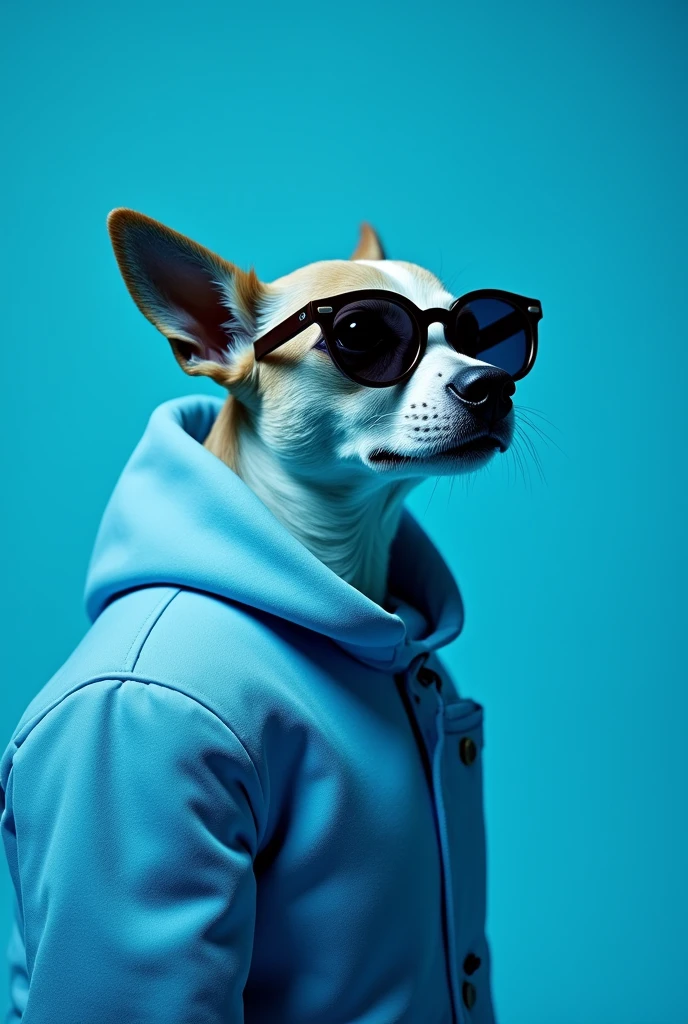The best cell phone wallpaper, Award-Winning Wallpaper, portrait photography, In the front view is a portrait of a cute dog wearing mid-1960s space age fashion, Side view photo, Shot with Canon EOS R5, Set a strong contrast that accentuates the subject, Fluorescent blue tone, Wearing a very modern coat and sunglasses is a modern 1960s style, Clothes all in one color, beautiful background