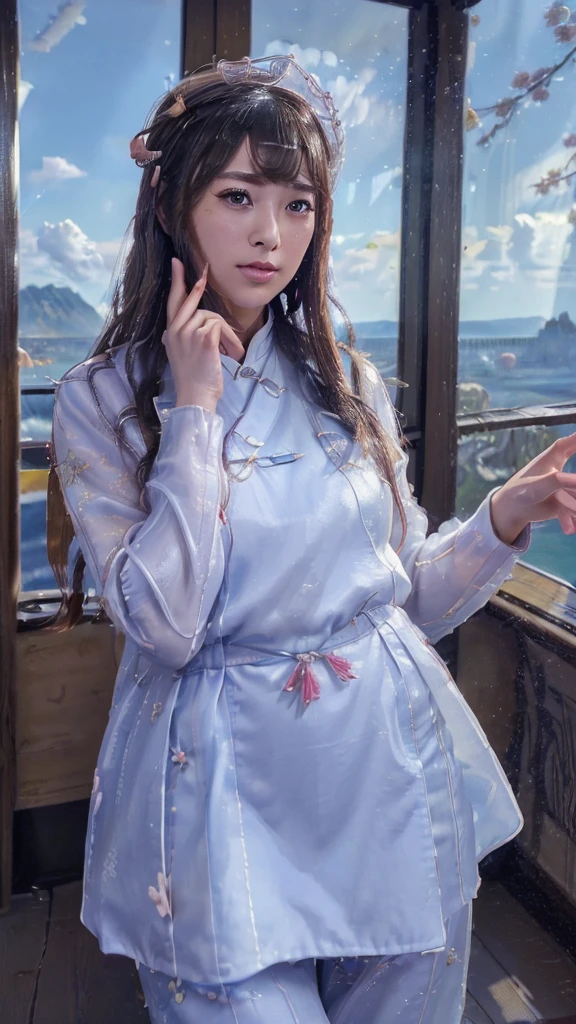 The blue sky spreads, White clouds and mountains in the distance々、tower and many people,Pink Flower,cherry blossoms,Hanfu woman,phoenix crown tiara、Detailed embroidery、Wear Hanfu pantyhose、Hanfu、Wear long-sleeved Hanfu、transparent and clear、Appearance and、Expose large breasts、born,(8k、Highest quality、masterpiece:1.8)、(复杂的detailed:1.8)、(reality:1.8)、Octane Rendering、具有超detailed的复杂 3D 渲染, Studio Soft Light, Side light, vivid detaileds, 超级detailed, Realistic skin texture, detailed, Beautiful Eyes, Highly detaileded CG Unity 16k wallpaper, cosmetics, (detailedな背景:2.0), Transparent fingers,Beautiful fingers,Glowing Skin、Spread your legs,Camel toe to show off your thighs!!!、