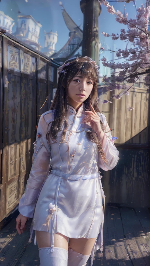 The blue sky spreads, White clouds and mountains in the distance々、tower and many people，Pink Flower，cherry blossoms，Hanfu woman,phoenix crown tiara、Detailed embroidery、Wear Hanfu pantyhose、Hanfu、Wear long-sleeved Hanfu、transparent and clear、Appearance and、Expose large breasts、born,(8k、Highest quality、masterpiece:1.8)、(复杂的detailed:1.8)、(reality:1.8)、Octane Rendering、具有超detailed的复杂 3D 渲染, Studio Soft Light, Side light, vivid detaileds, 超级detailed, Realistic skin texture, detailed, Beautiful Eyes, Highly detaileded CG Unity 16k wallpaper, cosmetics, (detailedな背景:2.0), Transparent fingers，Beautiful fingers，Glowing Skin、Spread your legs，Camel toe to show off your thighs!!!、
