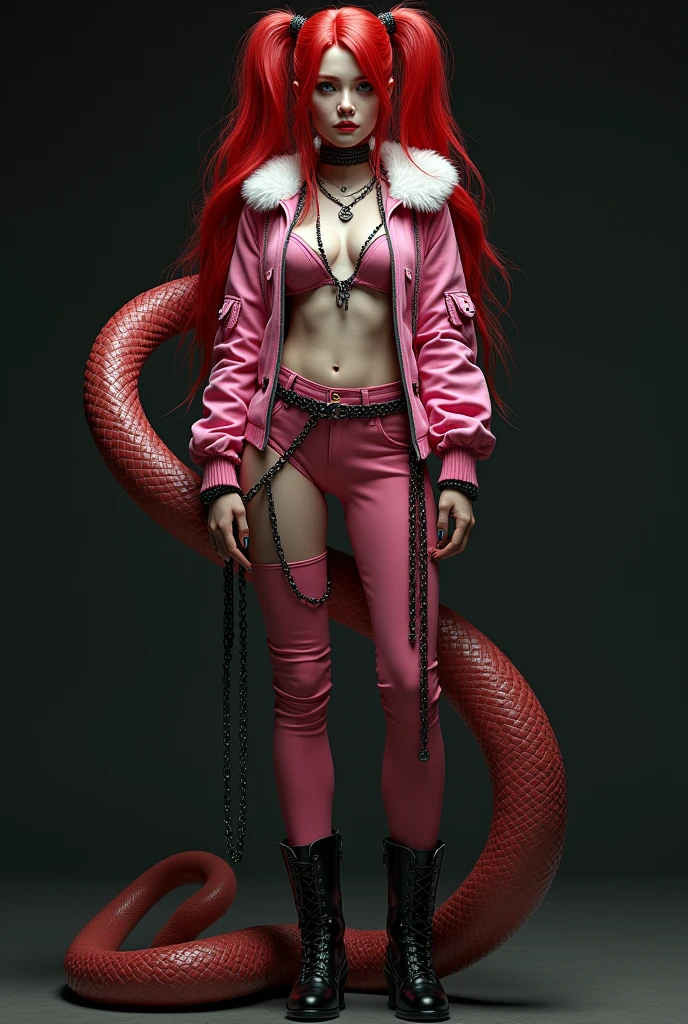 Red-haired snake woman,com penteado pigtails,with pink clothes and pink fur jacket,with chains and a gothic boot ,fully body,black backdrop