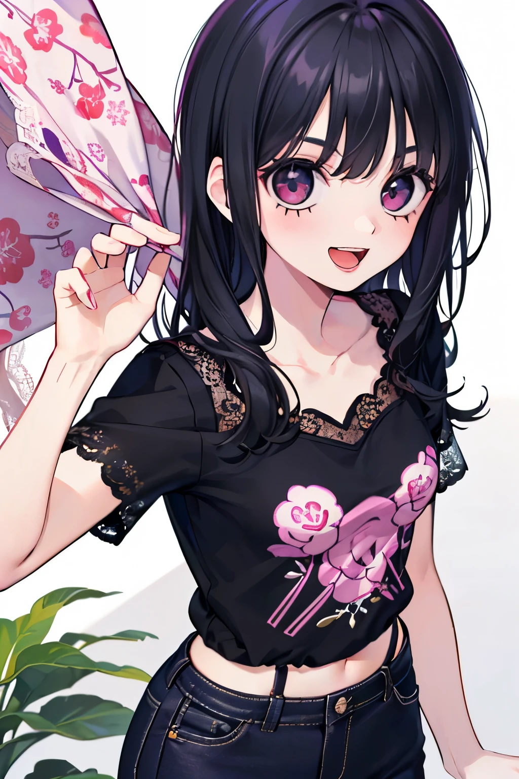 (beautiful young boy:1.3),(Small breasts 1.0),((black hair:1.2)),(Medium wave hair:1.1),(purplered eyes:1.2),(PRİNCESS:1.1),(short sleeve lace blouse:1.2),(Clothes with botanical patterns:1.25),(grinning smile:1.2),(apparel shop,cloth shop:1.25),(Top view:1.1),(Close-up of face:1.0),(hand to own mouth:1.1).