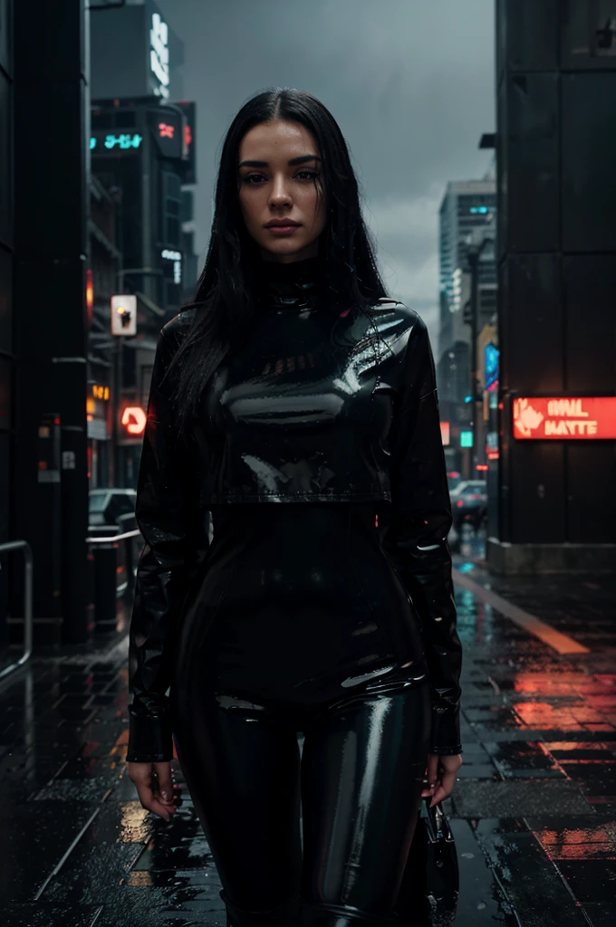 A woman with long black hair, wearing a sleek latex outfit and a leather jacket, standing in a dark, rainy, cyberpunk-inspired world, nighttime (best quality,4k,8k,highres,masterpiece:1.2),ultra-detailed,(realistic,photorealistic,photo-realistic:1.37),beautiful detailed eyes,beautiful detailed lips,extremely detailed eyes and face,longeyelashes,dark moody lighting,neon lights,rain,puddles,dystopian cityscape,skyscrapers,futuristic architecture,cyberpunk,sci-fi,dramatic,cinematic