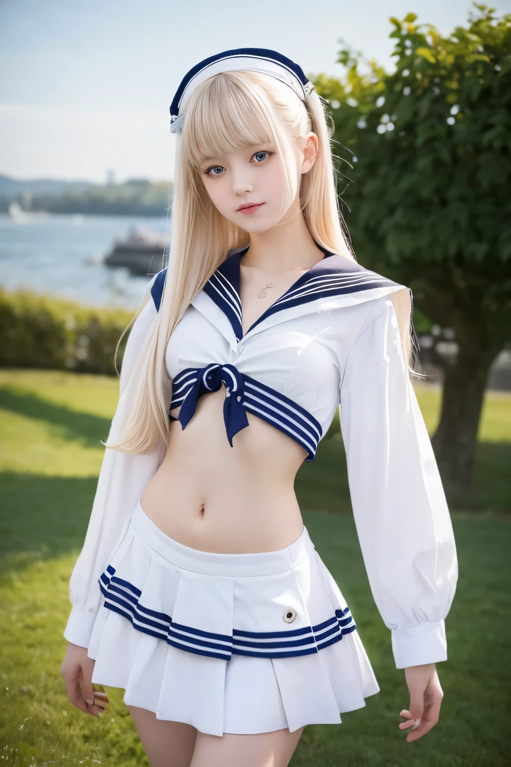 ((Highest quality)), ((masterpiece)), (detailed), One girl, Sexy sailor suit with exposed belly button　 , a beautiful German girl with an innocent, lolita-like face and platinum blonde hair that reaches down to her ankles　slim　Dancing 