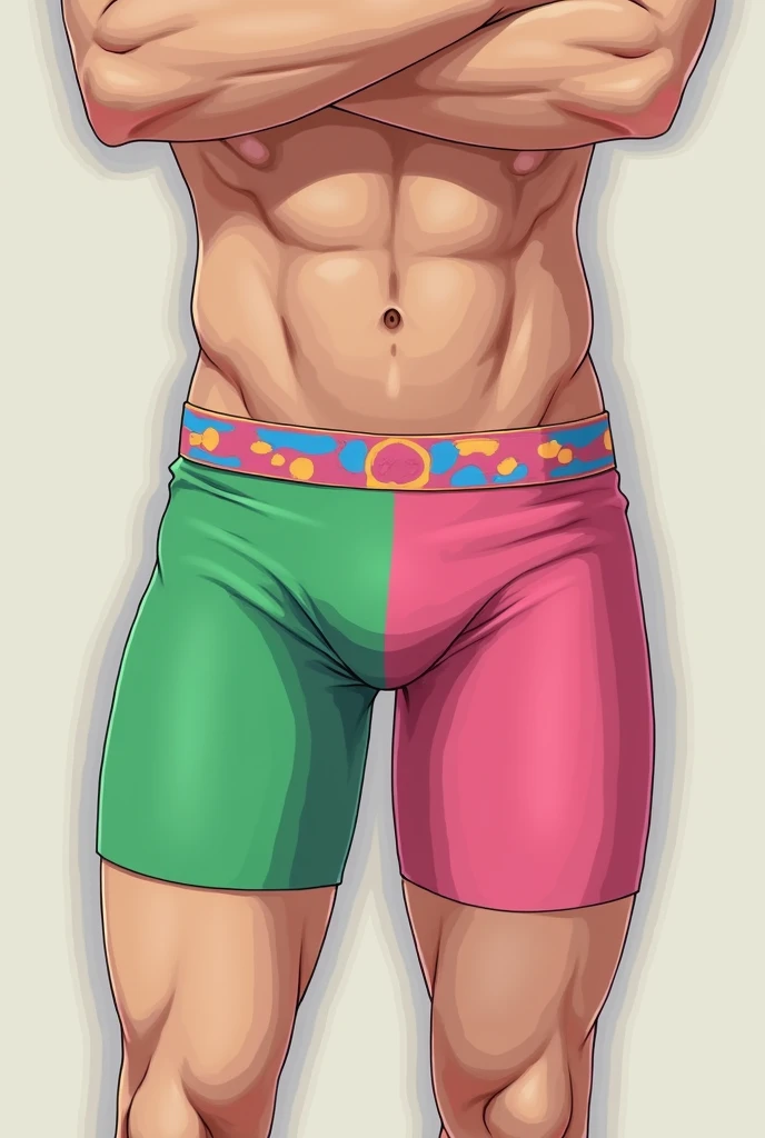An Image of a Men's Boxer, that the Color of the Boxer is Pink on One Side, and Green on the Other Side, and the style is anime.