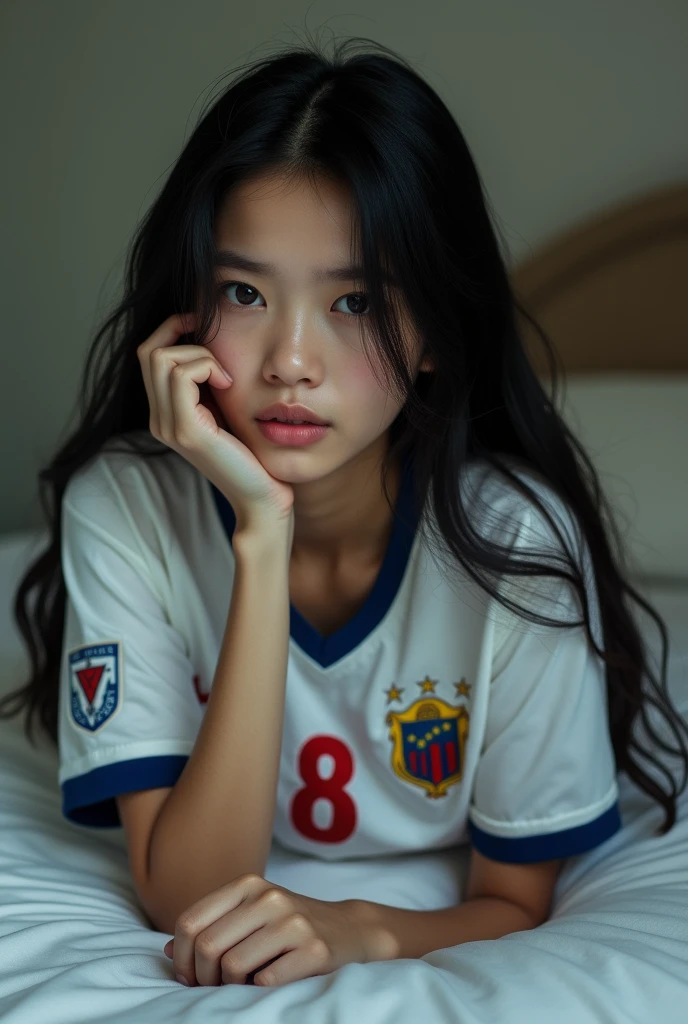 Black-haired Asian girl lying on a bed looking in front of the camera, wearing a Venezuela soccer team shirt, with 8 number, black hair, she covering her face with her hand, pale, and long hair, showing the shirt