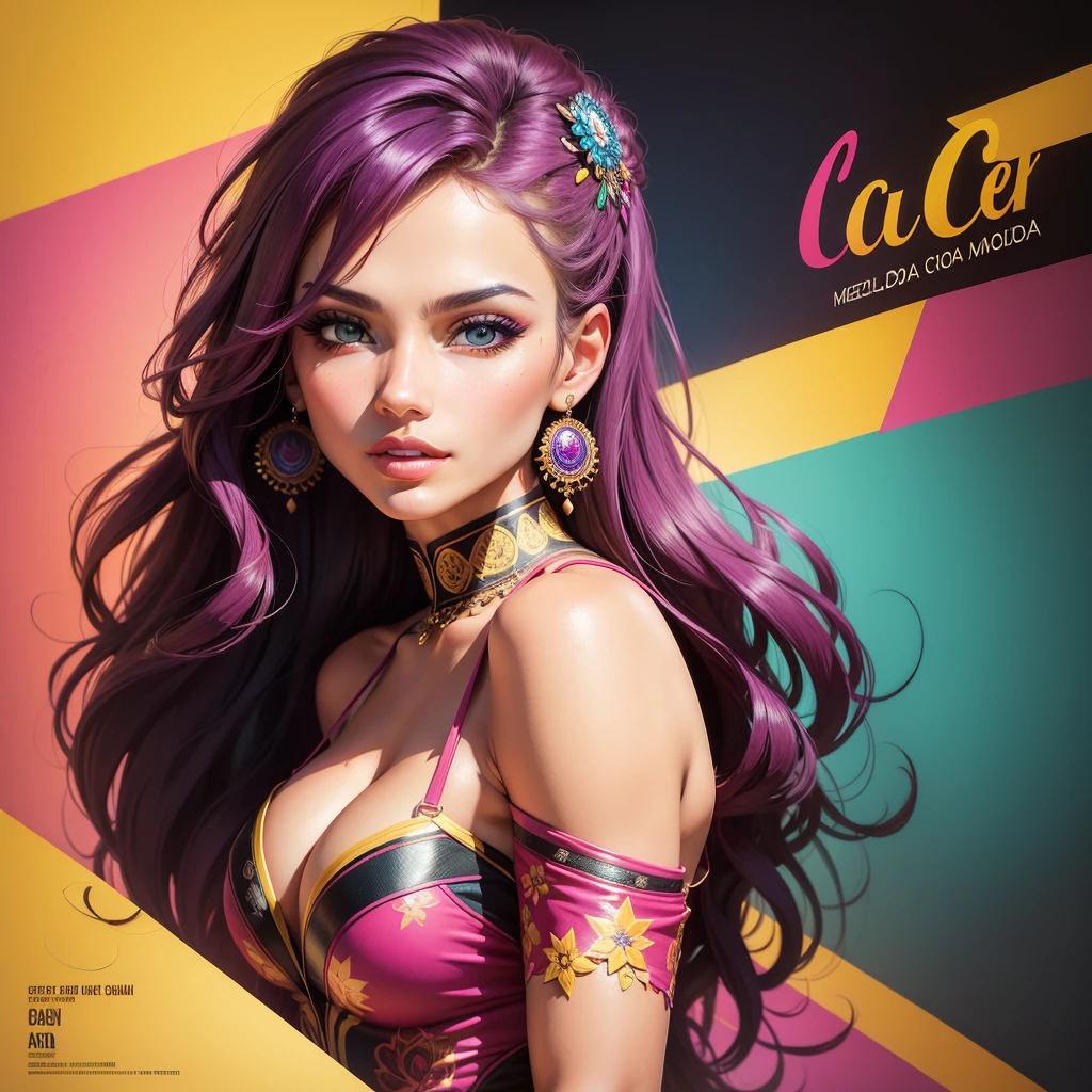 Create a Most Beautiful Woman Picture, from South America, Ecuador, beautiful woman most beautiful, pretty girl, pretty woman, art (picture:1.3), (cover-style:1.3), fashionable, woman, vibrant, outfit, posing, front, colorful, background, striking, modern, trendy, fashion, Detailed face, flawless skin, Detailed eyes, perfect eyes,