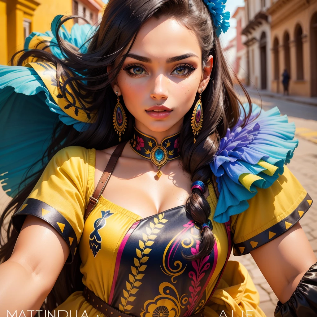 Create a Most Beautiful Woman Picture, from South America, Ecuador, beautiful woman most beautiful, pretty girl, pretty woman, art (picture:1.3), (cover-style:1.3), fashionable, woman, vibrant, outfit, posing, front, colorful, background, striking, modern, trendy, fashion, Detailed face, flawless skin, Detailed eyes, perfect eyes,