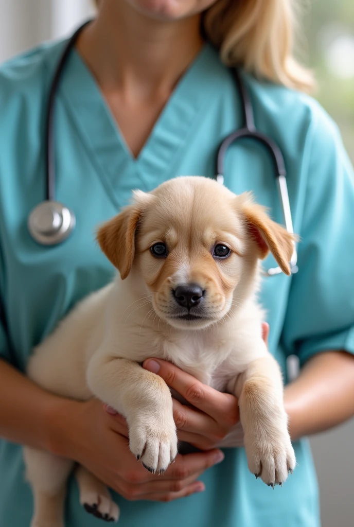 Veterinarian and puppies
