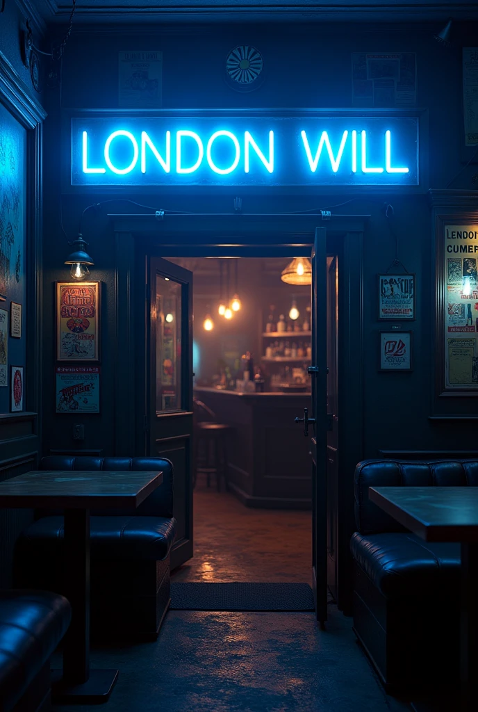 Puedes recrear un escenario sin personas del london will el bar donde tocaron por primera vez los doors, In the background you can see a sign with a blue neon light that says "london will"
