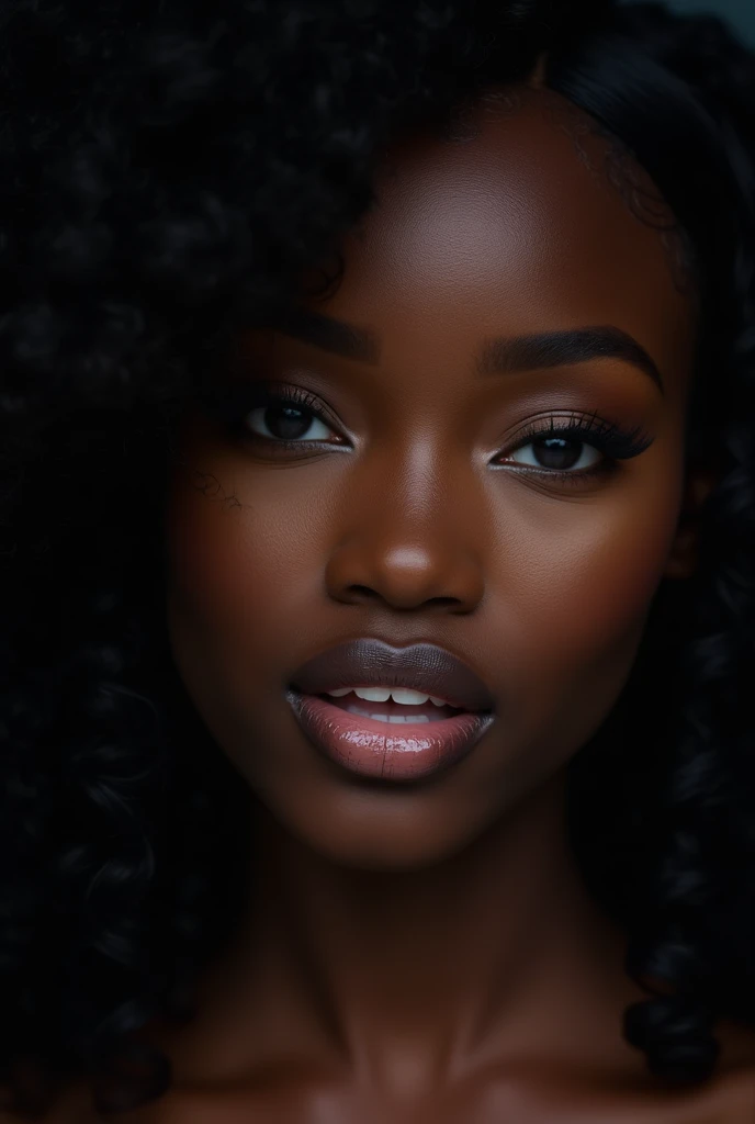 ebony woman, (to8contrast style), open mouth, 8k RAW photo, highest quality, detailed hazel eyes, eye reflection, winged eyeliner, (looking at the viewer:1.3), best shadow, intricate details, interior, (bold hair:1.3), muted colors, high contrast style, glam shot, smoldering, (sultry:1.1), dof, bokeh, intense, languid, tempting, , seductive, longing, yearning, smitten, dark photography studio, minimal lighting, deep shadows, stark contrasts, dramatic highlightlack backdrop:1.2), dimples, fullness, plumpness, natural blue lips, bold color, alluring, captivating, striking, unforgettable, stunning, breath-taking, timeless beauty. (bare shoulders:1.2), headshot