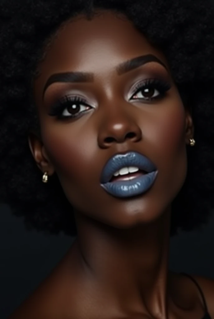 ebony woman, (to8contrast style), open mouth, 8k RAW photo, highest quality, detailed hazel eyes, eye reflection, winged eyeliner, (looking at the viewer:1.3), best shadow, intricate details, interior, (bold hair:1.3), muted colors, high contrast style, glam shot, smoldering, (sultry:1.1), dof, bokeh, intense, languid, tempting, , seductive, longing, yearning, smitten, dark photography studio, minimal lighting, deep shadows, stark contrasts, dramatic highlightlack backdrop:1.2), dimples, fullness, plumpness, natural blue lips, bold color, alluring, captivating, striking, unforgettable, stunning, breath-taking, timeless beauty. (bare shoulders:1.2), headshot