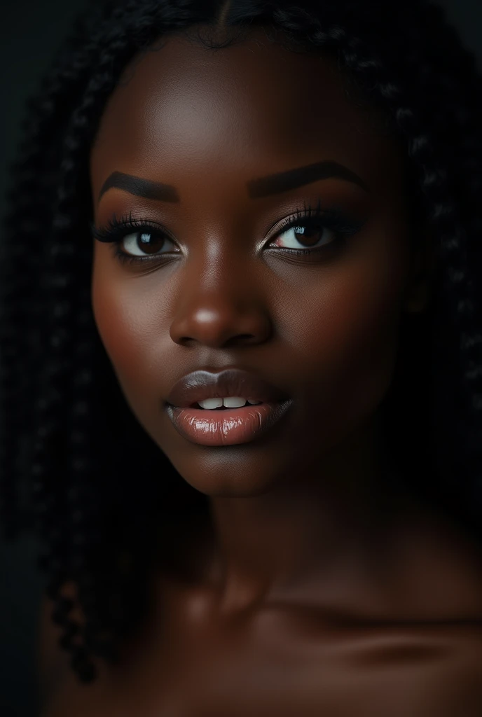 ebony woman, (to8contrast style), open mouth, 8k RAW photo, highest quality, detailed hazel eyes, eye reflection, winged eyeliner, (looking at the viewer:1.3), best shadow, intricate details, interior, (bold hair:1.3), muted colors, high contrast style, glam shot, smoldering, (sultry:1.1), dof, bokeh, intense, languid, tempting, , seductive, longing, yearning, smitten, dark photography studio, minimal lighting, deep shadows, stark contrasts, dramatic highlightlack backdrop:1.2), dimples, fullness, plumpness, natural blue lips, bold color, alluring, captivating, striking, unforgettable, stunning, breath-taking, timeless beauty. (bare shoulders:1.2), headshot