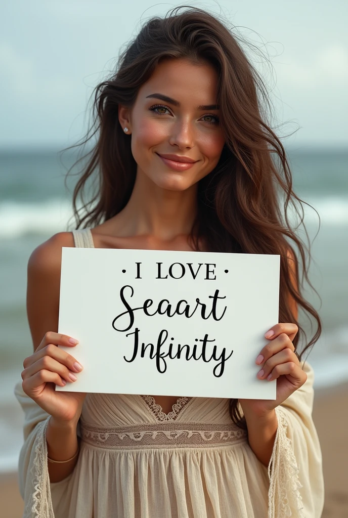 Beautiful girl with wavy long hair, bohemian dress, holding a white board with text "I Love Seaart Infinity" and showing it to the viewer