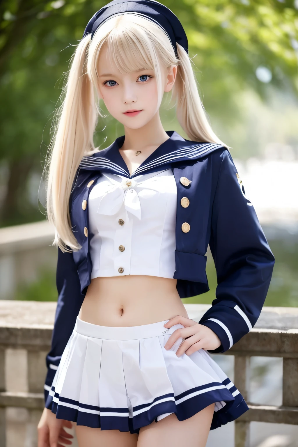 ((Highest quality)), ((masterpiece)), (detailed), One girl, Sexy sailor suit with exposed belly button , a beautiful German girl with an innocent, lolita-like face and platinum blonde hair that reaches down to her ankles slim Dancing