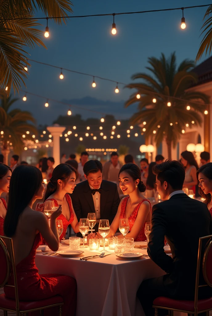 80s style，A group of fashionable people，Chinese，Parties，In the villa garden，On the rooftop，Night，evening，reunion，Reception，wine，Wine glass close-up，Wine Tasting，Suit，High heel（Rich details），（Best quality），Film Style