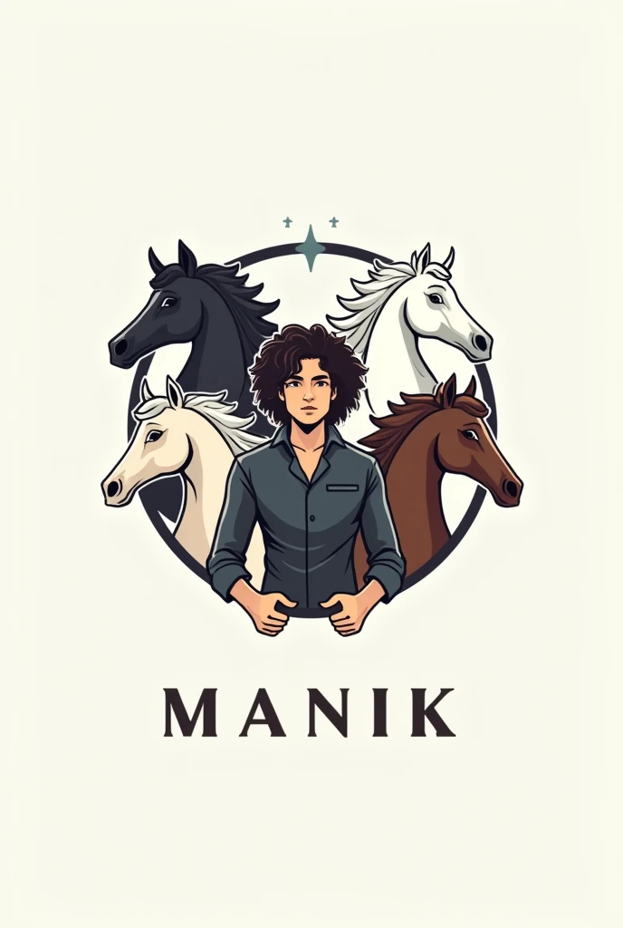 A logo of three horses, a curly-haired guy, another curly-haired brunette, the other white one and he says in the middle of them manik