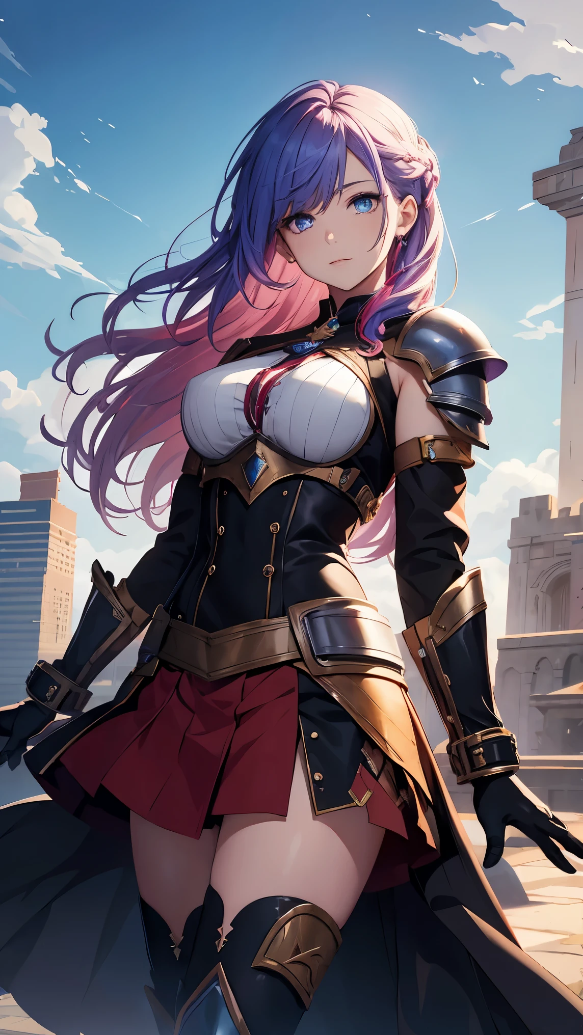 Woman 1, multi-colored hair, french braid, multi-colored eyes, chest armor, metal skirt, leather gloves, on the roof of a flying magic vehicle, high detail, best quality, high quality background 