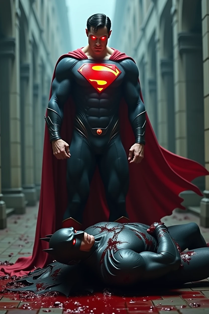 Superman standing with bloody fists and black suite and glowing red eyes, batman laying on the ground dead covered in his own blood with mask that resembles bat