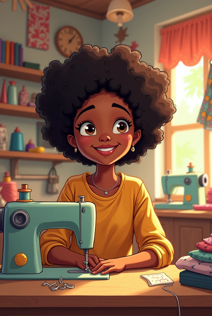 Disney style cartoon of a light-haired woman, with afro and light highlights in the hair. Using a sewing machine in a sewing workshop